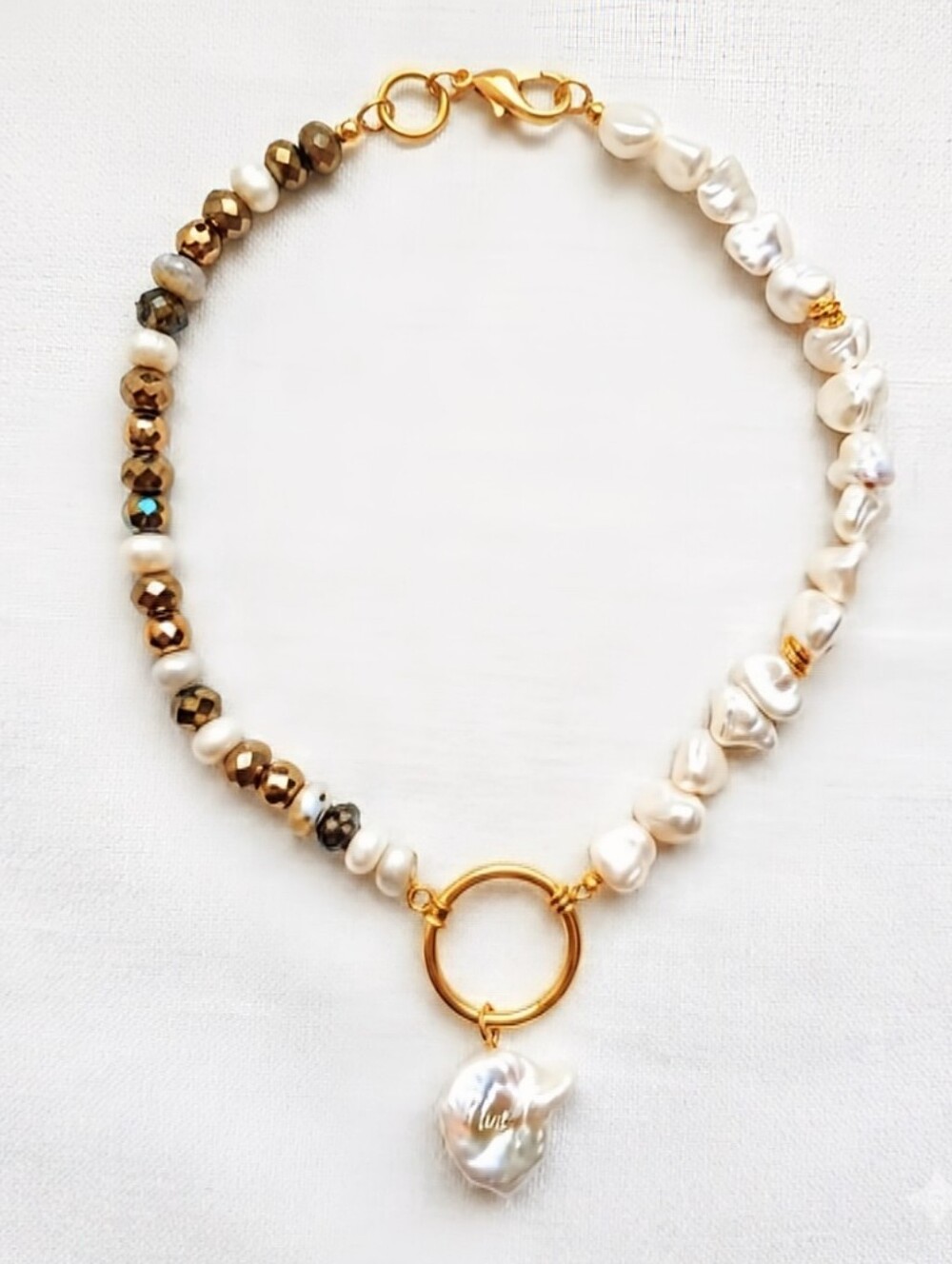 White Glass Beads And White Baroque Pearls In Assymetrical Necklace W/ Pendant